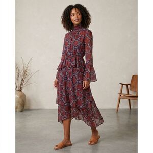 Chelsea and Walker High Neck Midi Dress Long Sleeve Red Blue